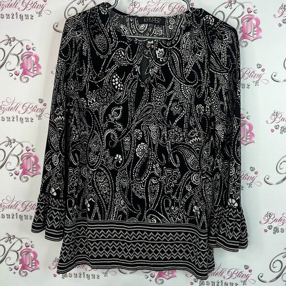 Kasper long sleeve blouse bell bottom sleeves Black and White Paisley Blouse - Picture 1 of 8